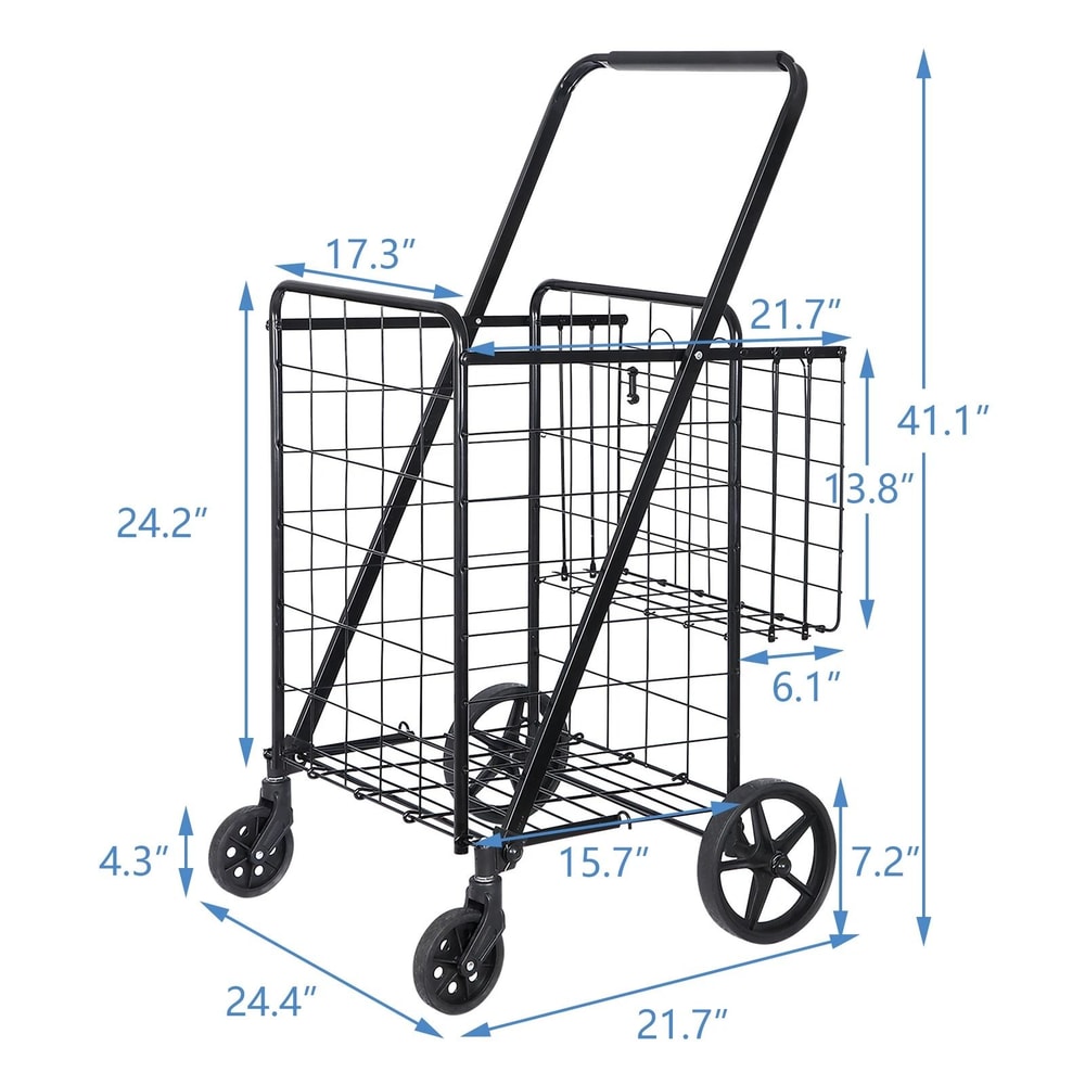 Folding Shopping Cart For Groceries And Laundry With Wheels And Double Basket Black 2