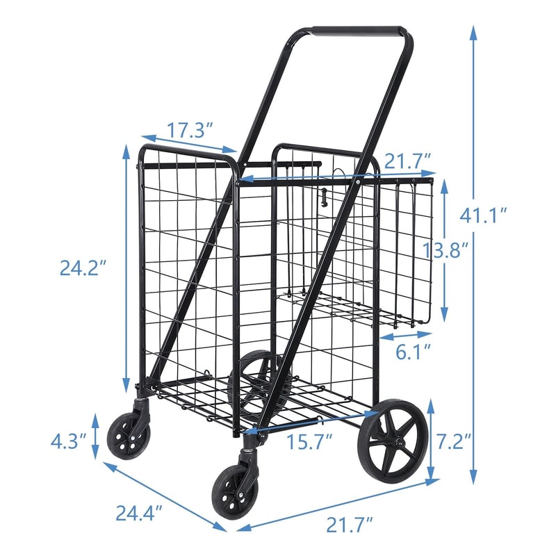 Folding Shopping Cart For Groceries And Laundry With Wheels And Double Basket Black 2