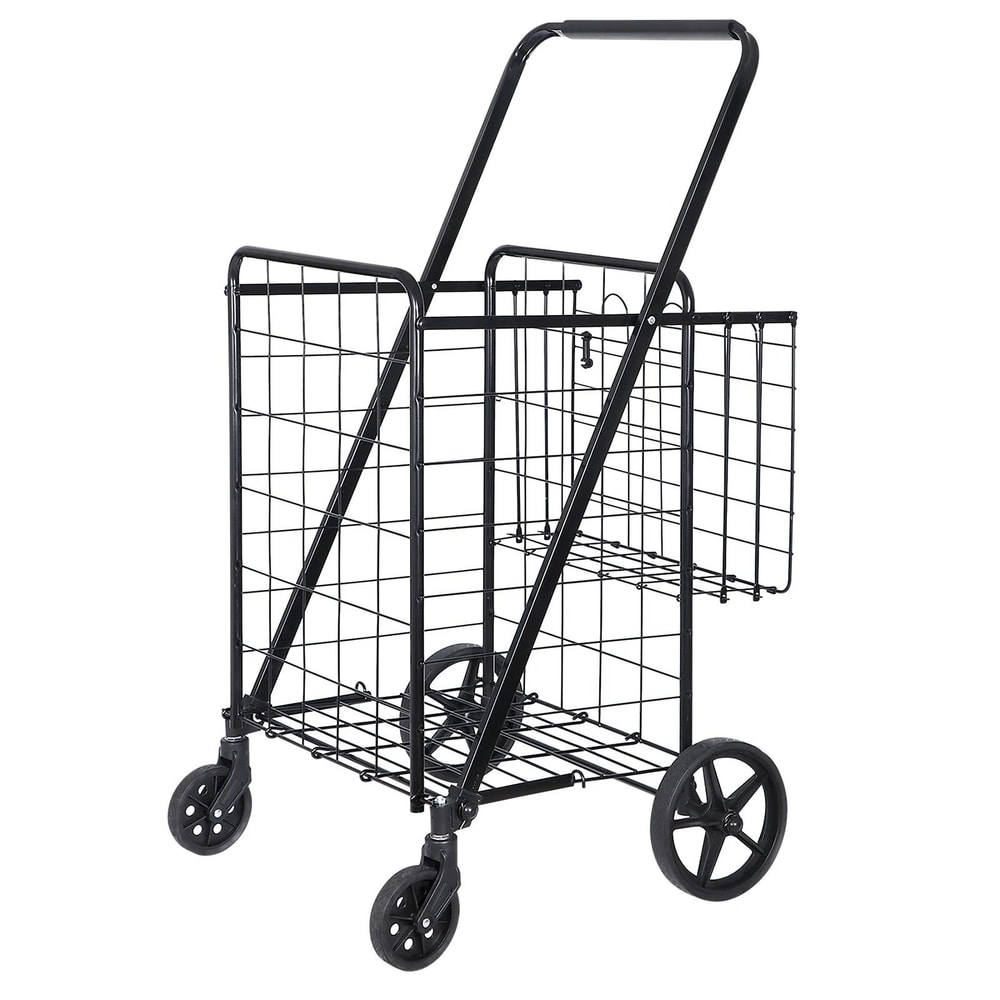 Folding Shopping Cart For Groceries And Laundry With Wheels And Double Basket Black 3