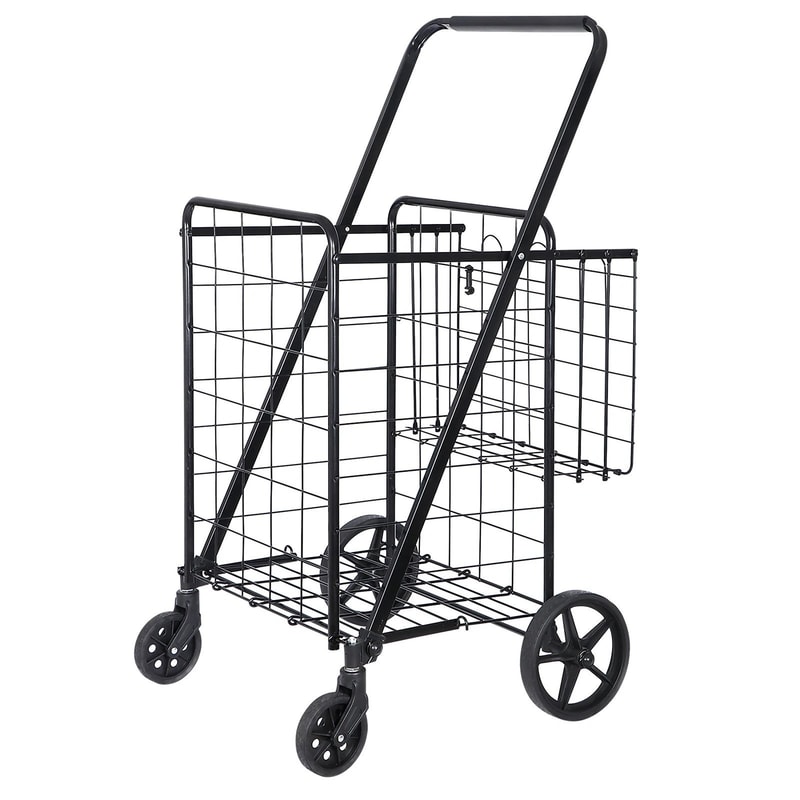 Folding Shopping Cart For Groceries And Laundry With Wheels And Double Basket Black 3