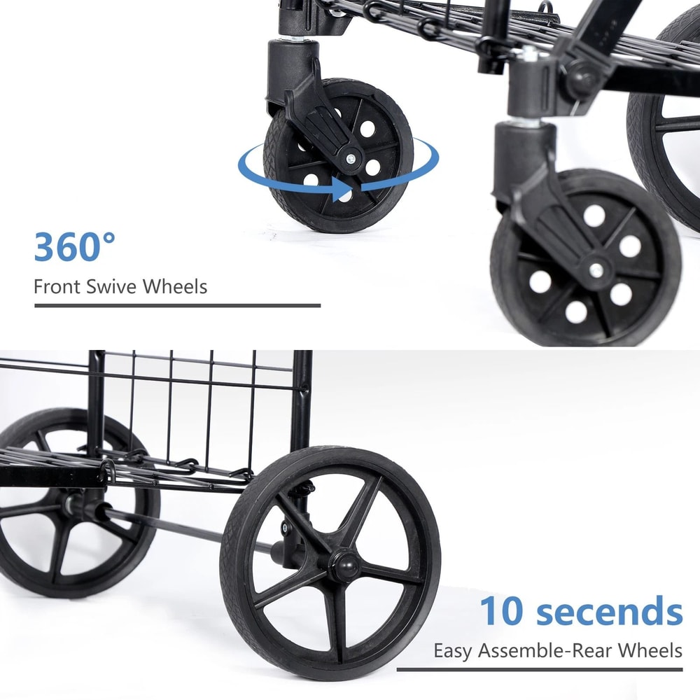 Folding Shopping Cart For Groceries And Laundry With Wheels And Double Basket Black 5
