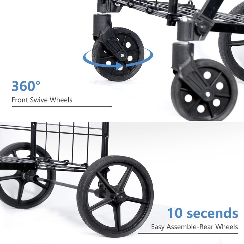 Folding Shopping Cart For Groceries And Laundry With Wheels And Double Basket Black 5