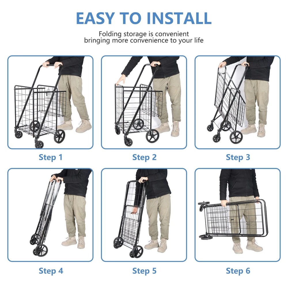 Folding Shopping Cart For Groceries And Laundry With Wheels And Double Basket Black 6