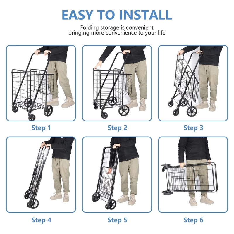 Folding Shopping Cart For Groceries And Laundry With Wheels And Double Basket Black 6