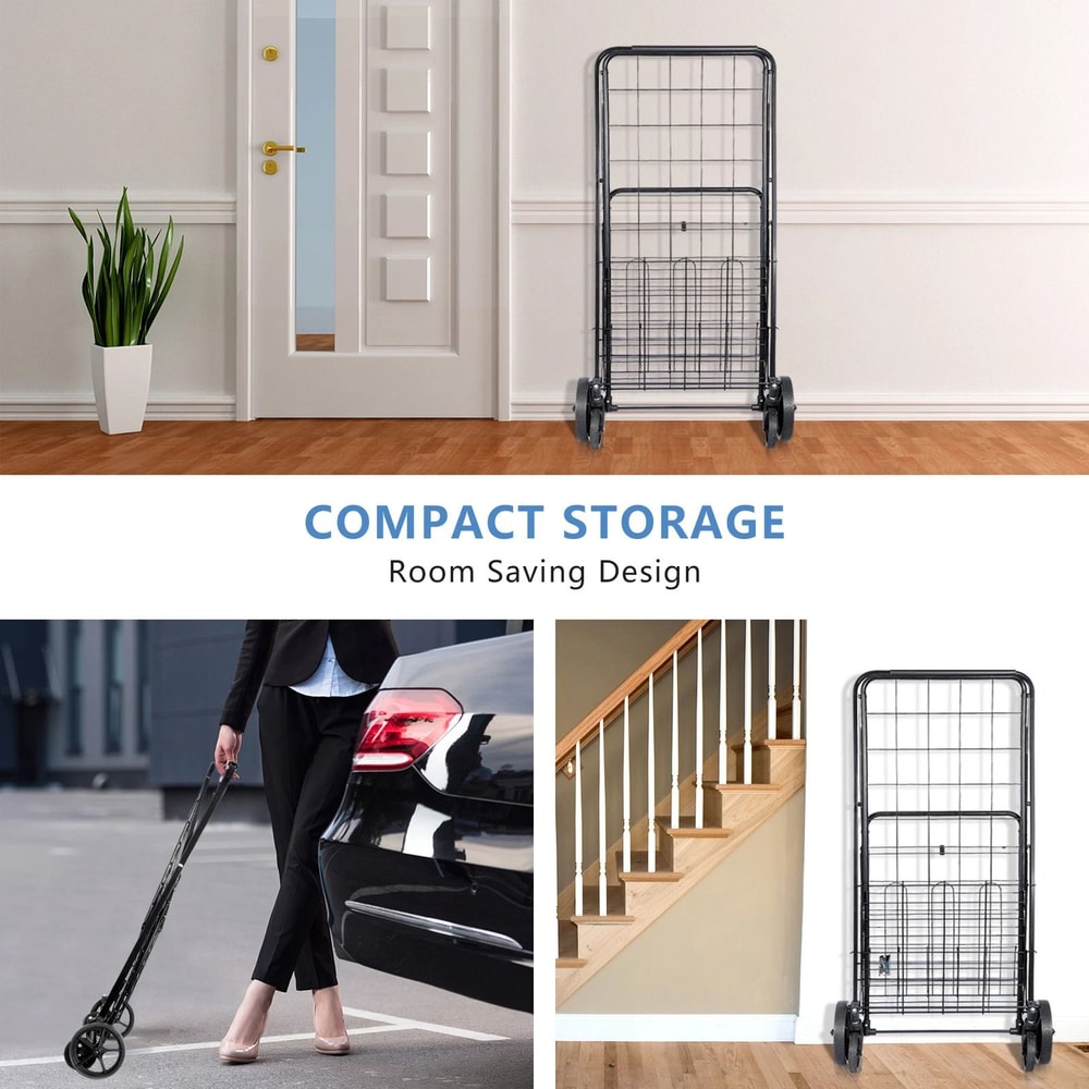 Folding Shopping Cart For Groceries And Laundry With Wheels And Double Basket Black 7