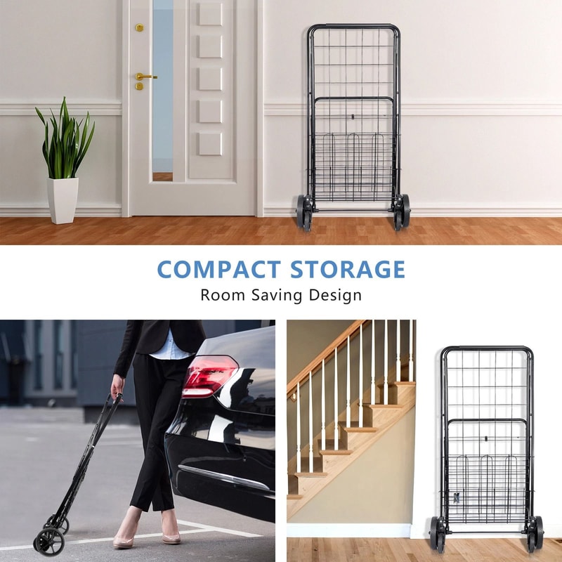 Folding Shopping Cart For Groceries And Laundry With Wheels And Double Basket Black 7