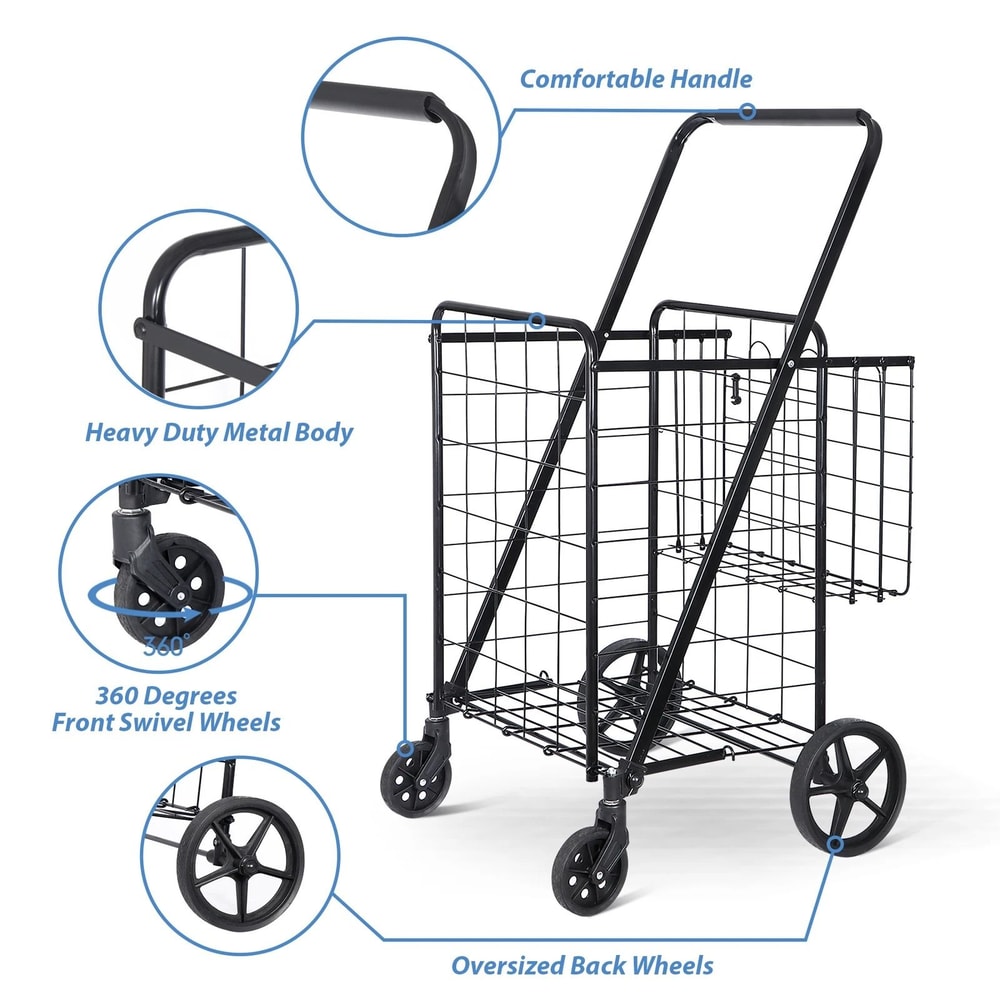 Folding Shopping Cart For Groceries And Laundry With Wheels And Double Basket Black 8