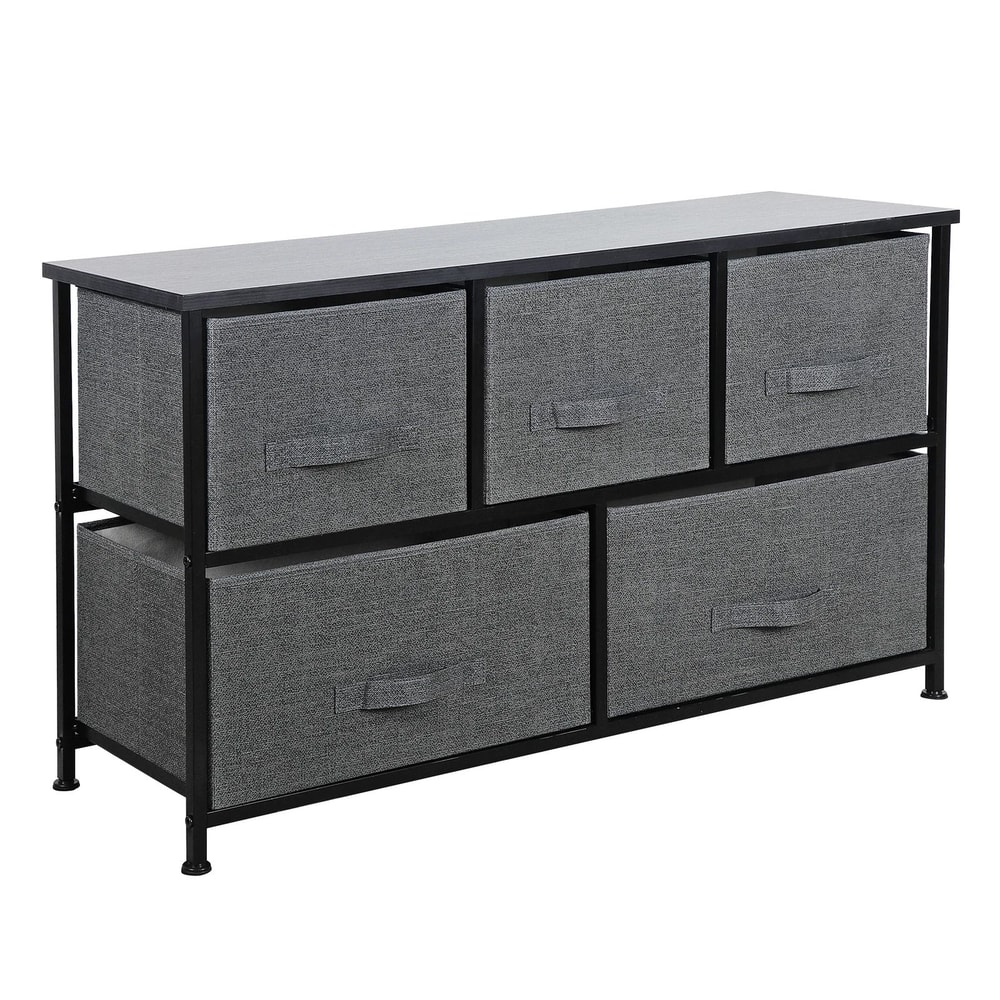Dark Grey 5 Drawer Fabric Dresser Sturdy Chest With Wide Storage For Bedroom Organization 5