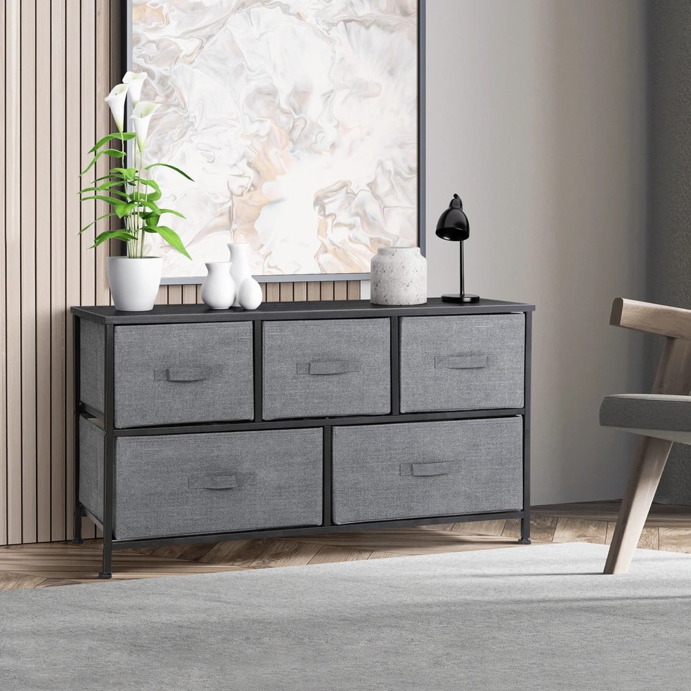 Dark Grey 5 Drawer Fabric Dresser Sturdy Chest With Wide Storage For Bedroom Organization 12