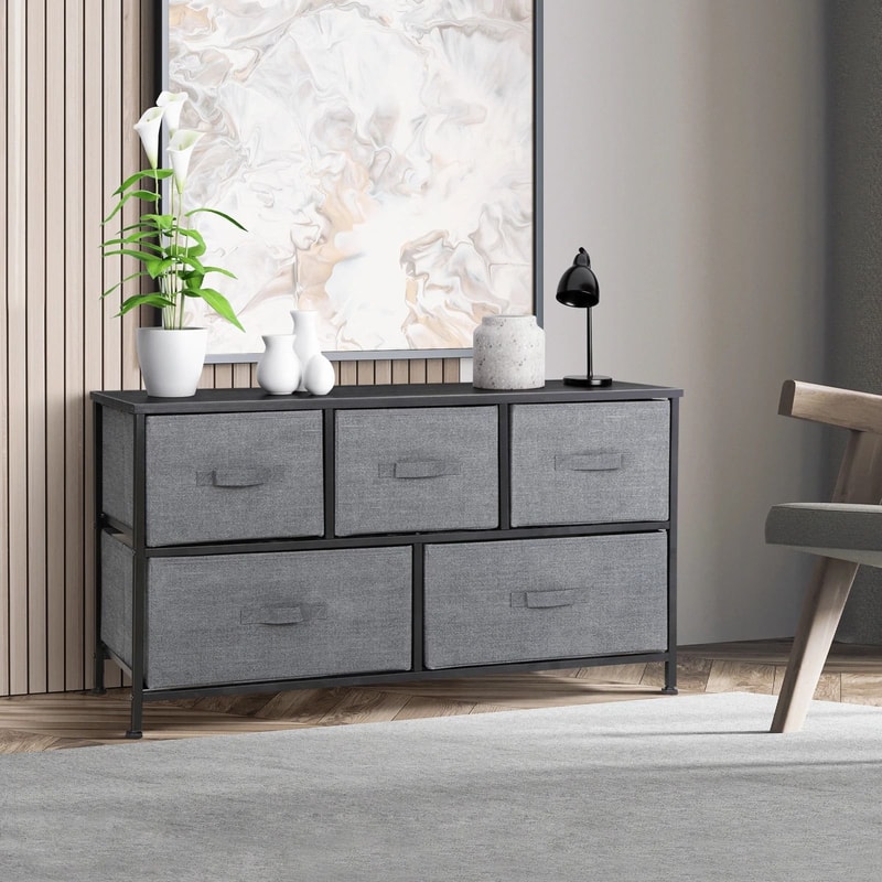 Dark Grey 5 Drawer Fabric Dresser Sturdy Chest With Wide Storage For Bedroom Organization 12