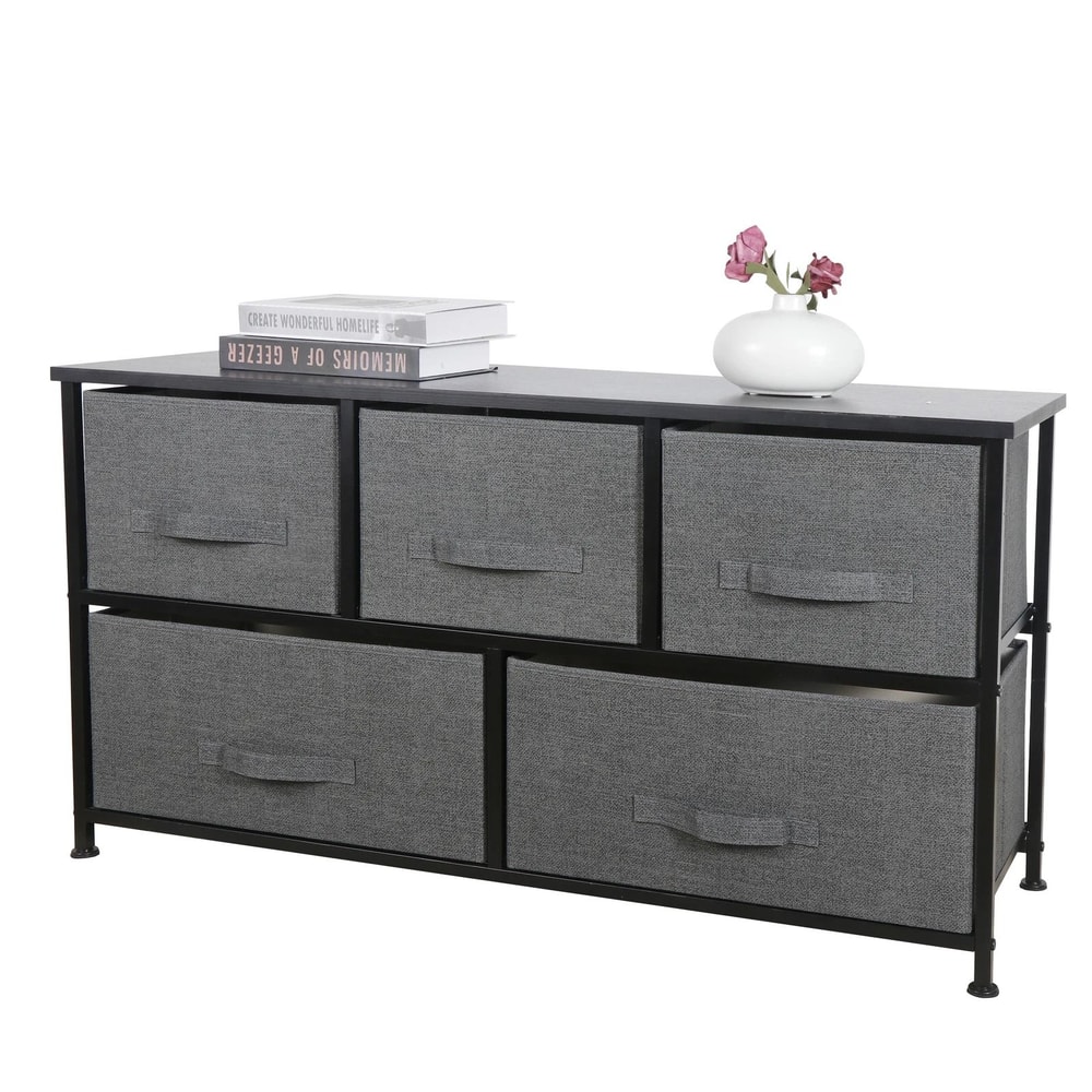 Dark Grey 5 Drawer Fabric Dresser Sturdy Chest With Wide Storage For Bedroom Organization 6