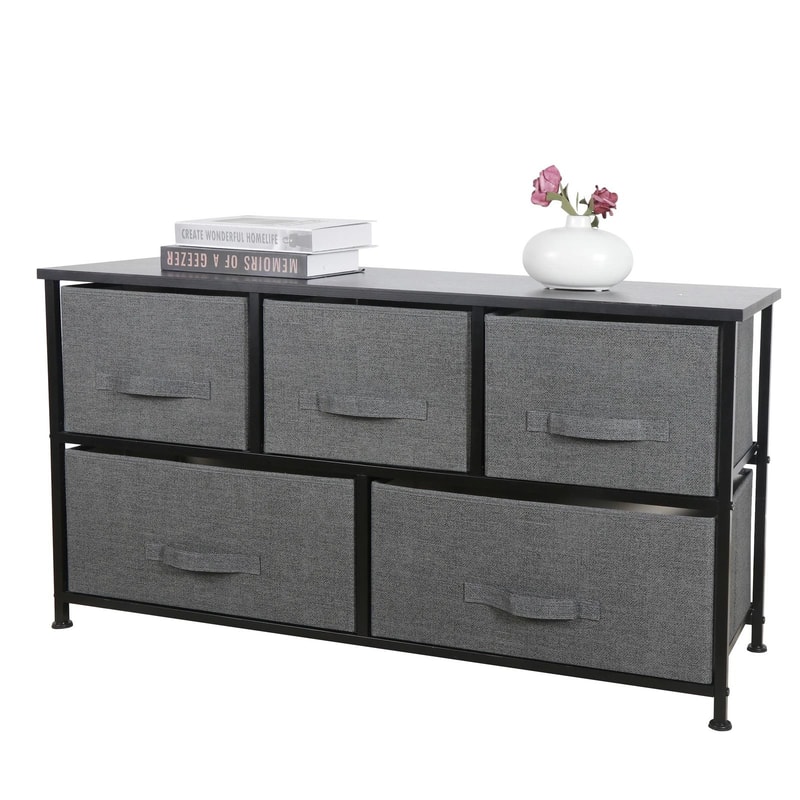 Dark Grey 5 Drawer Fabric Dresser Sturdy Chest With Wide Storage For Bedroom Organization 6