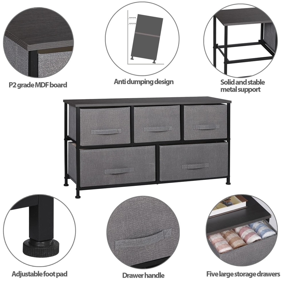 Dark Grey 5 Drawer Fabric Dresser Sturdy Chest With Wide Storage For Bedroom Organization 8