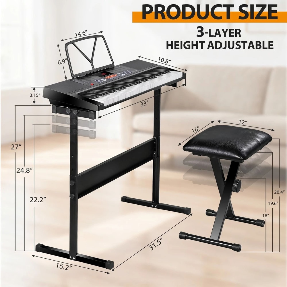 61 Key Electric Keyboard Piano Set With Stool Headphones Built In Speakers 15