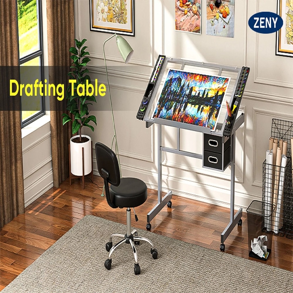 Tempered Adjustable Drafting Table With Rolling Wheels And Storage Drawers Glass Workstation Desk 8