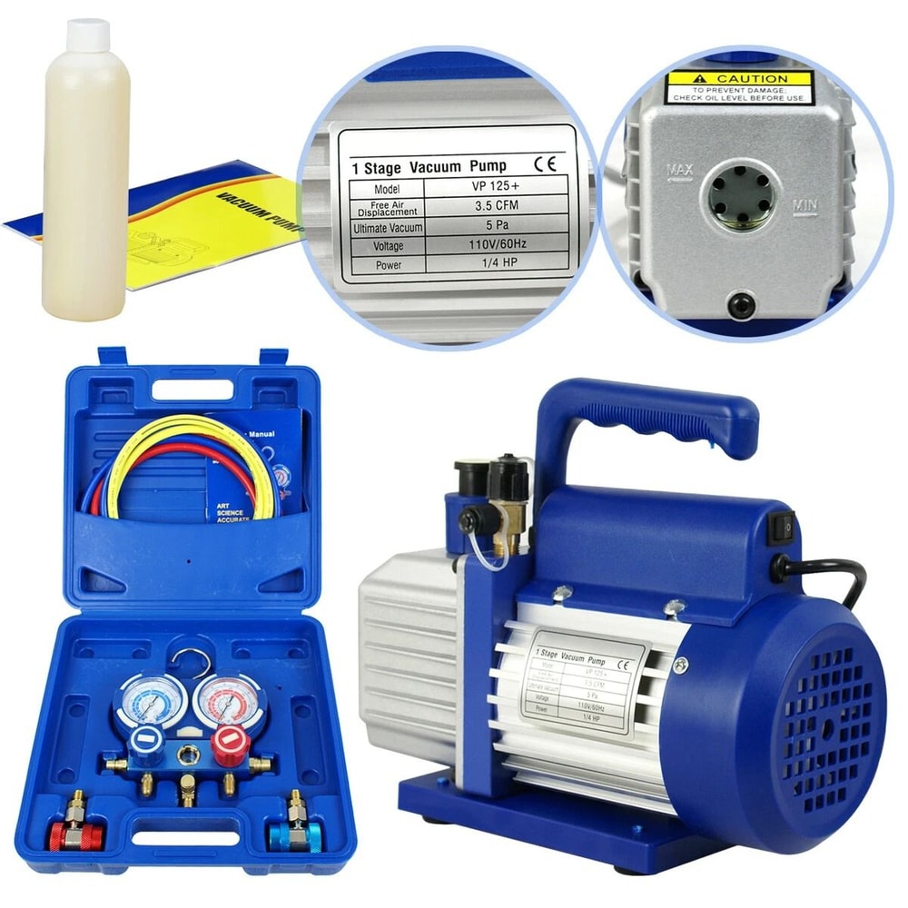 Air Vacuum Pump AC Manifold Gauge Set Single Stage Rotary Vane For Auto Repair Maintenance 3