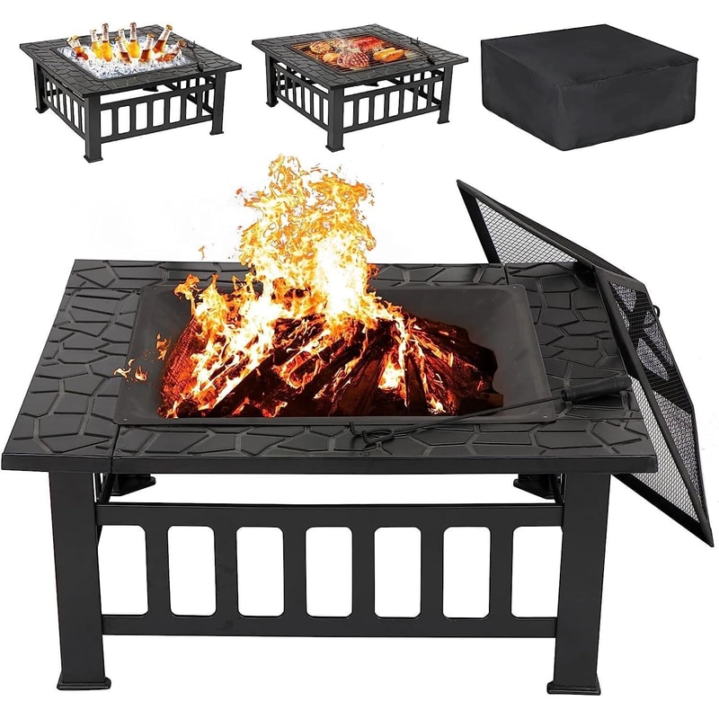 Outdoor Fire Pit Wood Burning Metal Fireplace With Poker Cover Ideal For Backyard Gatherings 12