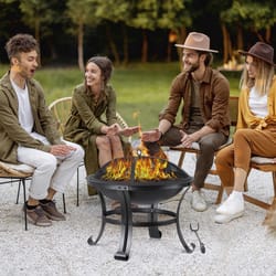 outdoor wood burning fire pit with mesh lid and fire picker perfect for backyard bbqs and outdoor gatherings