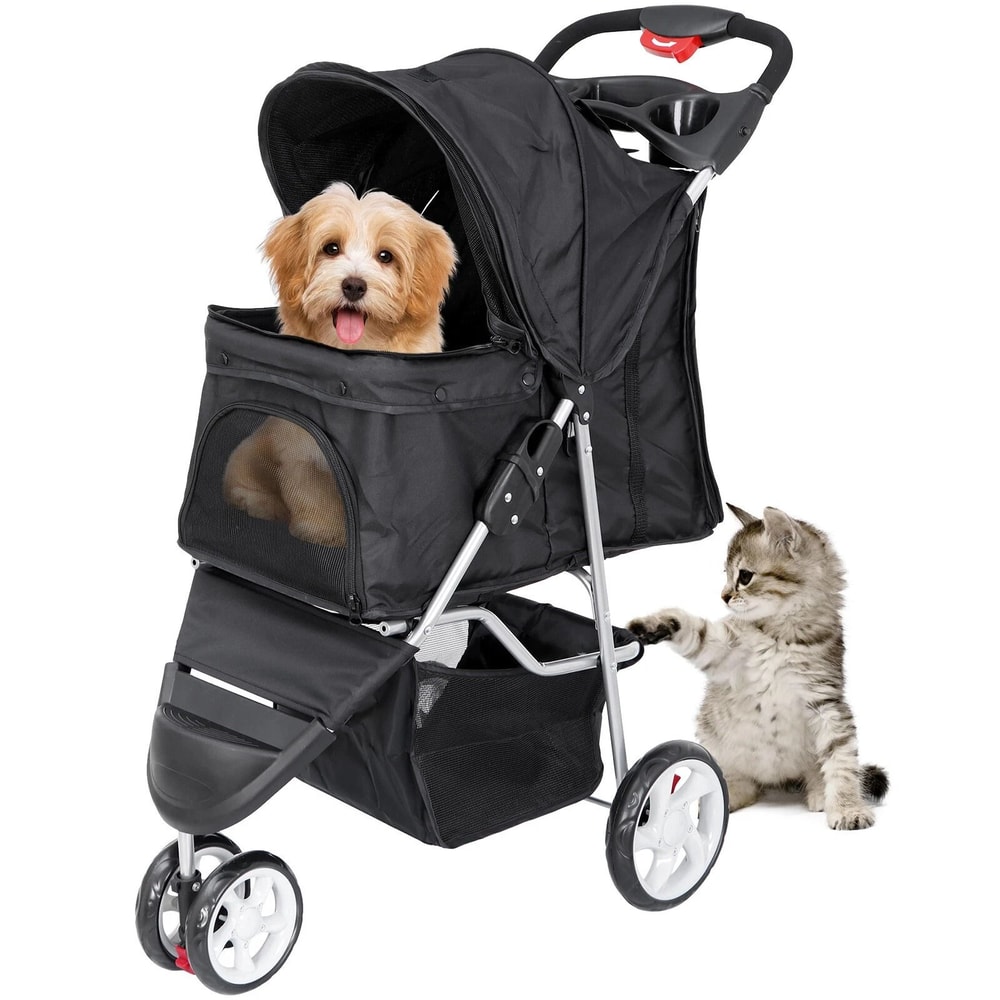 Premium Foldable 3 Wheel Pet Stroller For Cats And Dogs With Cup Holder And Storage 8
