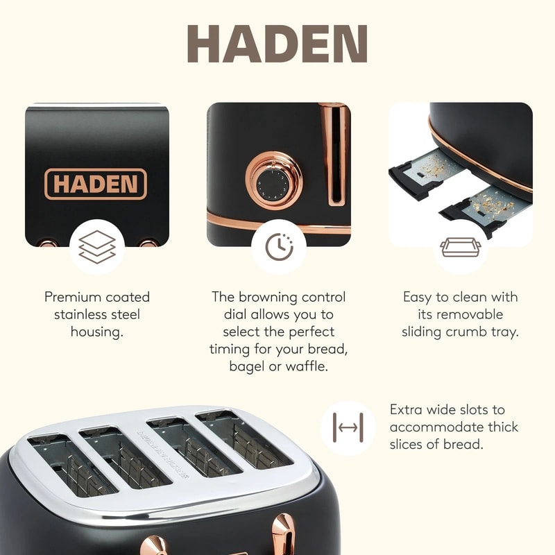 Haden Heritage 4 Slice Toaster Electric Kettle Set Black Copper Stylish Kitchen Duo 8