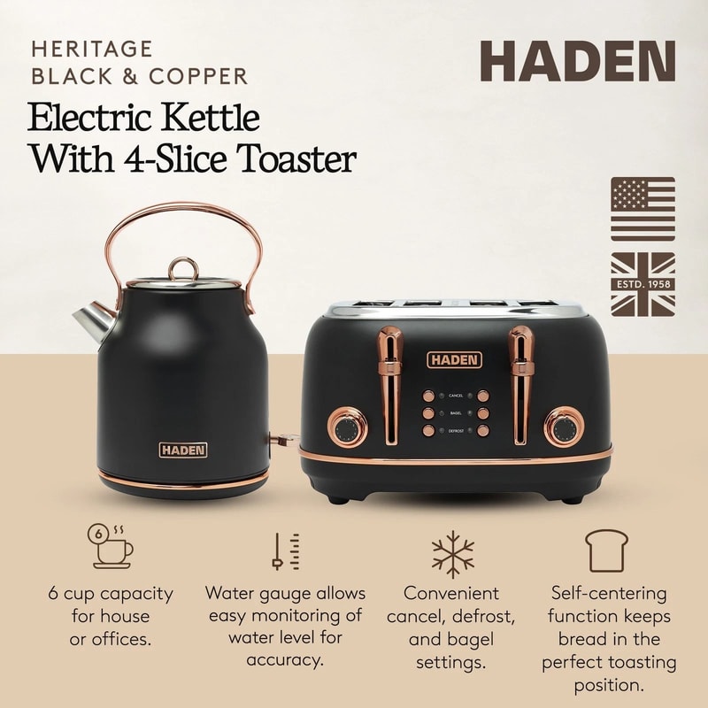 Haden Heritage 4 Slice Toaster Electric Kettle Set Black Copper Stylish Kitchen Duo 9