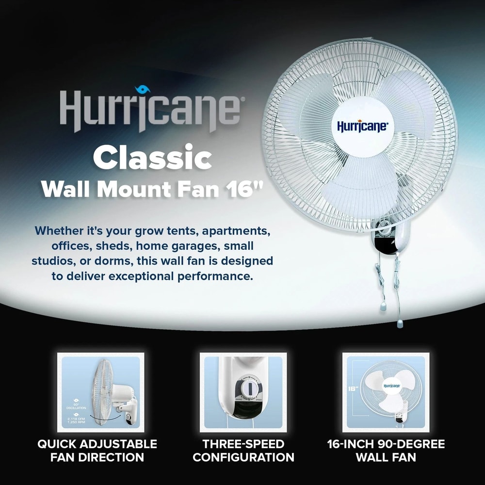 Hurricane Classic Wall Mounted Fan 3 Speed Oscillating White Quiet Cooling Solution 6