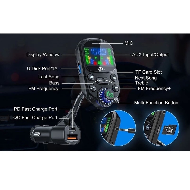Car Bluetooth FM Transmitter Wireless MP3 Adapter With Hands Free 3 Port Charger For Car 2