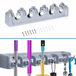 broom holder and garden tool organizer with 5 slots & 6 hooks for rakes, mops, and more wall-mounted garage solution