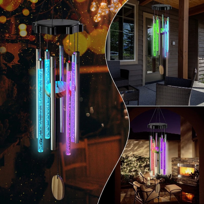 Color Changing Solar Wind Chimes With LED Lights Deep Tone Resonant Bell Tubes For Outdoor Indoor 0