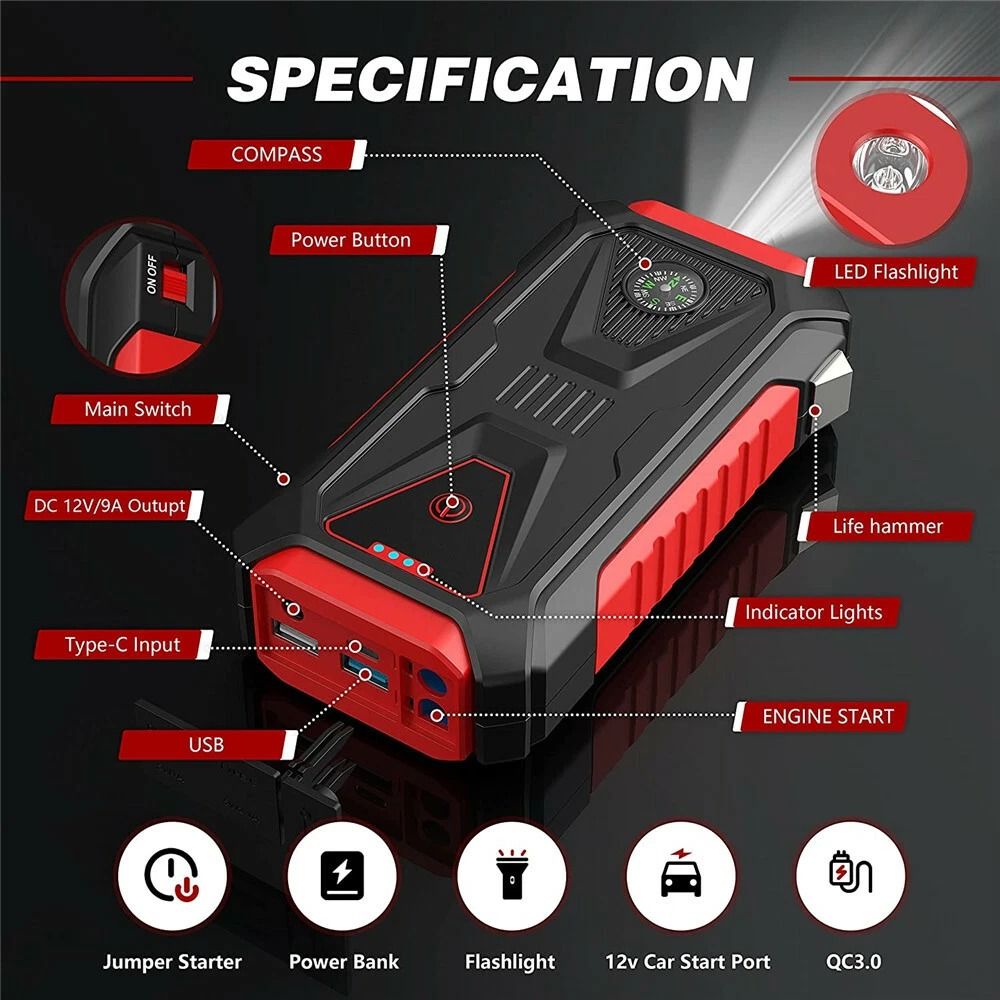 Car Jump Starter Portable Power Bank HighmCapacity Jump Starter For Cars With USB Charging And LED 6