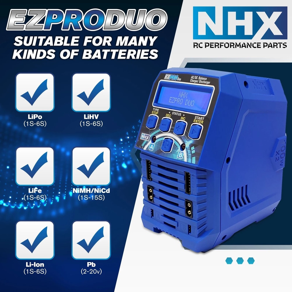 NHX EZPRO DUO 100W X2 Dual ACDC Battery Balance Charger For LIPOLIHV NIMH RC Batteries 4