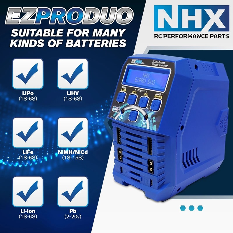 NHX EZPRO DUO 100W X2 Dual ACDC Battery Balance Charger For LIPOLIHV NIMH RC Batteries 4