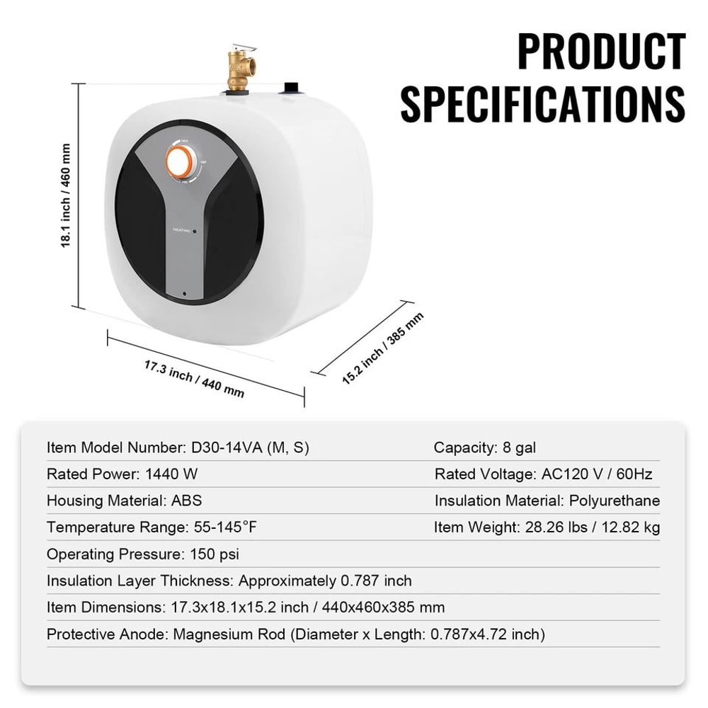 Electric MiniTank Water Heater Compact Storage For Shower Instant Hot Water 8