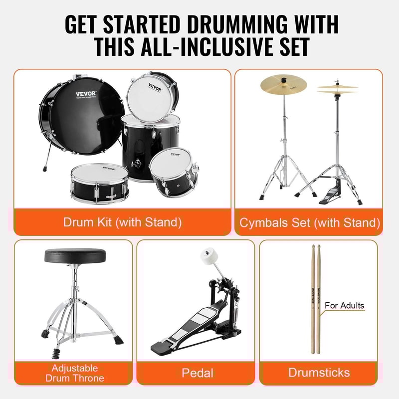 Drum Set Complete Adult Drum Kit With Cymbals Hardware And Throne For Beginners And Musicians 6
