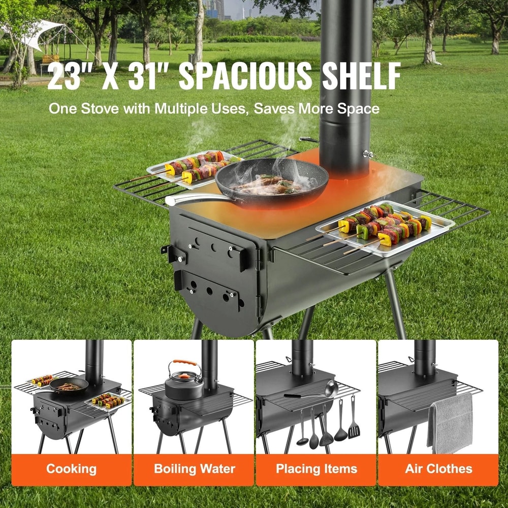 Portable Wood Stove For Camping Outdoor BBQ Compact Tent Stove With Pipes For Hot Tent Cooking 7