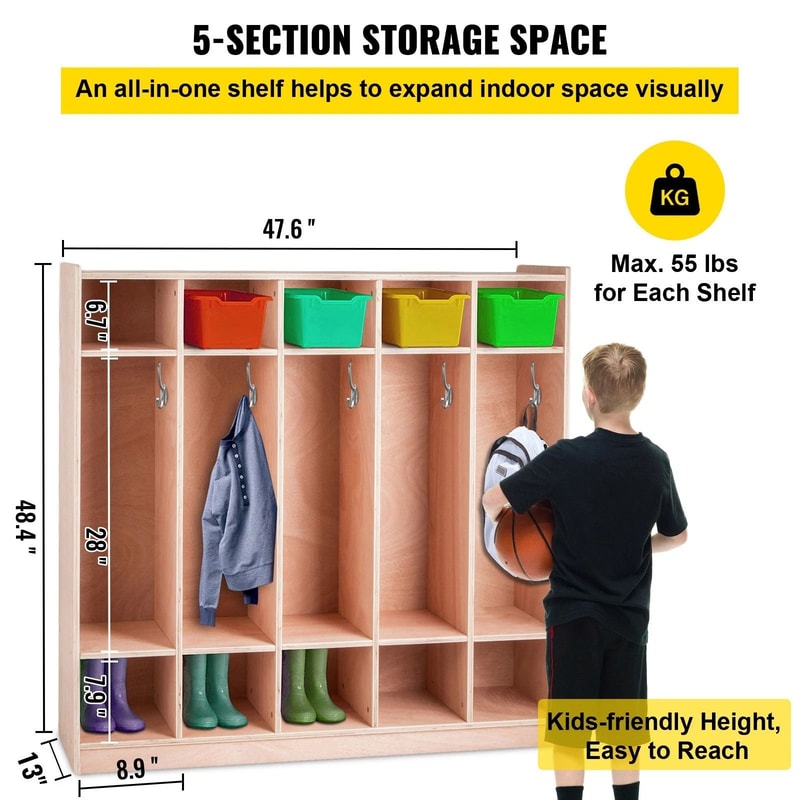 Premium 5 Section Daycare Cubby Coat Rack And Kids Storage Organizer With Hooks Bins 5