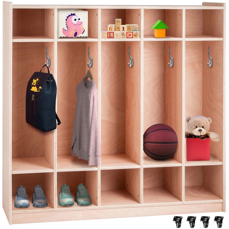 Premium 5 Section Daycare Cubby Coat Rack And Kids Storage Organizer With Hooks Bins 0