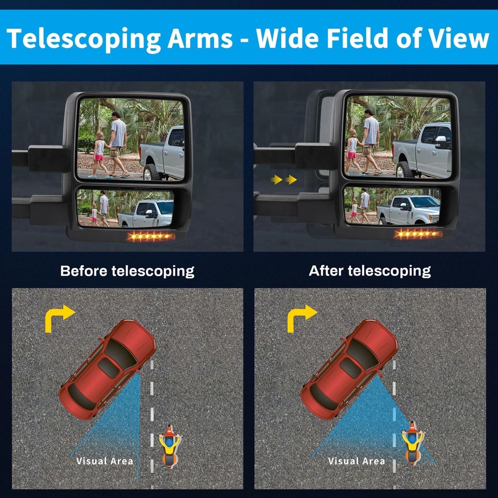 Pair Power Heated Tow Mirrors For With Signal And Puddle Light Extendable Heated Defrost Fun 3