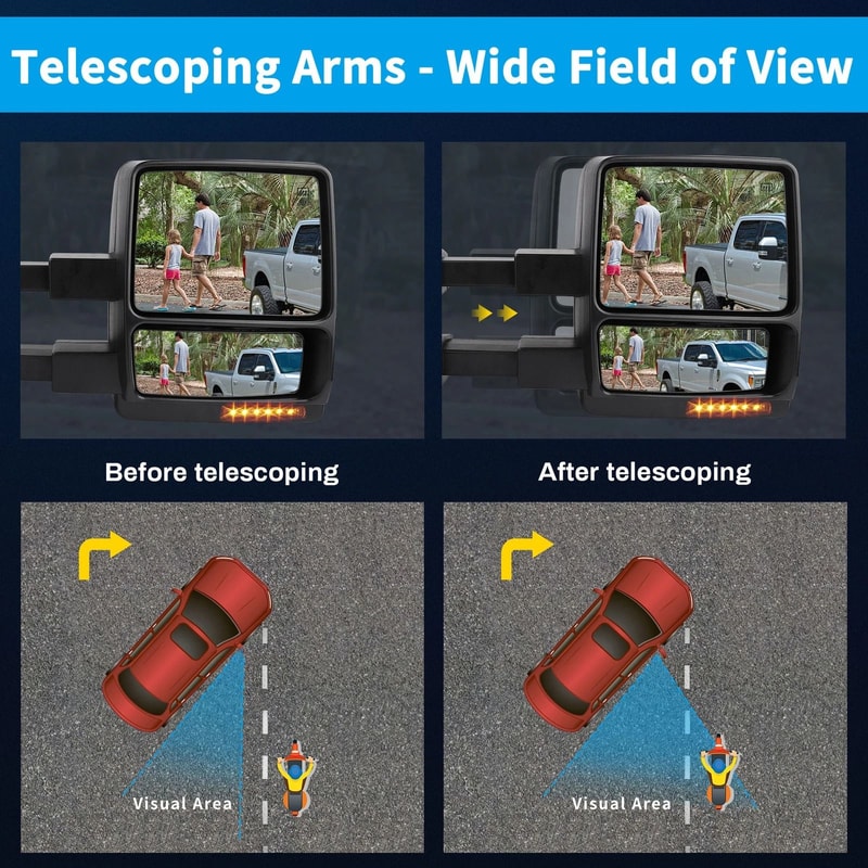 Pair Power Heated Tow Mirrors For With Signal And Puddle Light Extendable Heated Defrost Fun 3