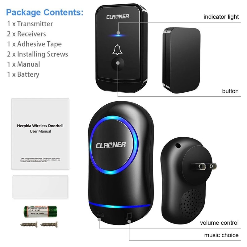 Wireless Doorbell Kit Waterproof Plug Play Chimes LED Flash 1