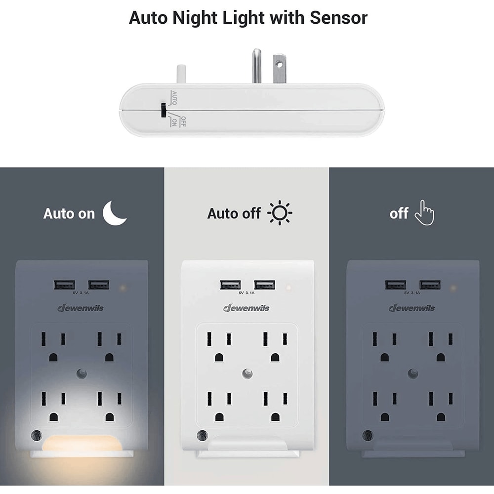 Wall Plug Outlet Adapter With USB Ports And Light Sensor Night Light 3