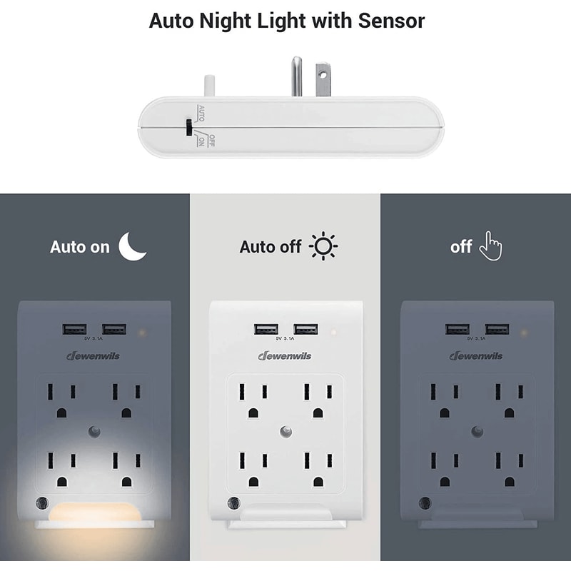 Wall Plug Outlet Adapter With USB Ports And Light Sensor Night Light 3