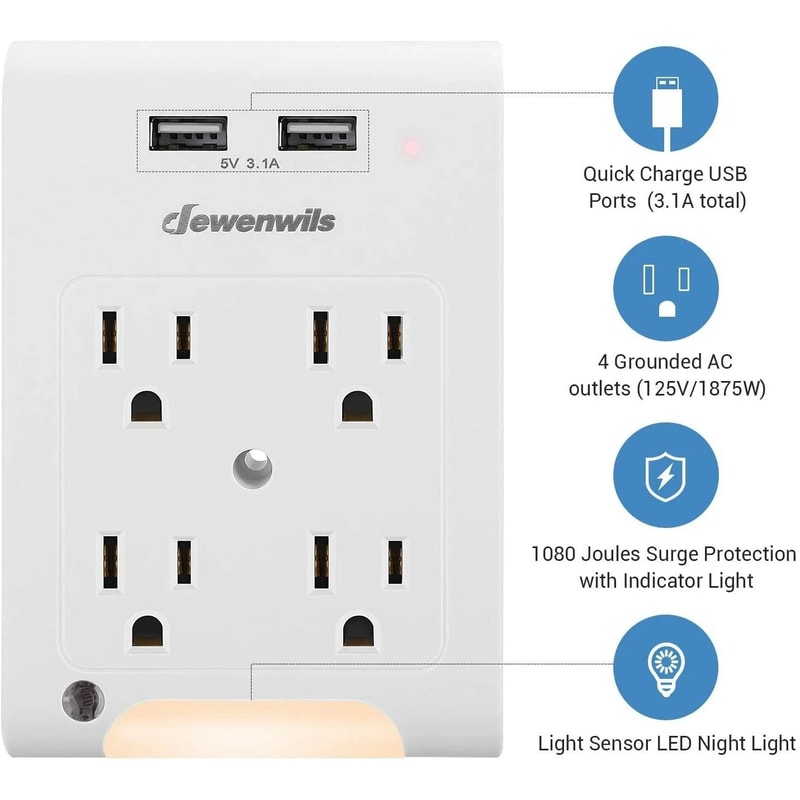 Wall Plug Outlet Adapter With USB Ports And Light Sensor Night Light 5