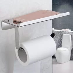 wall-mounted toilet paper holder with mobile phone storage shelf space-saving bathroom organizer