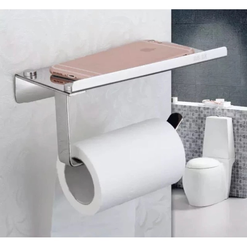 WallMounted Toilet Paper Holder With Mobile Phone Storage Shelf SpaceSaving Bathroom Organizer 0