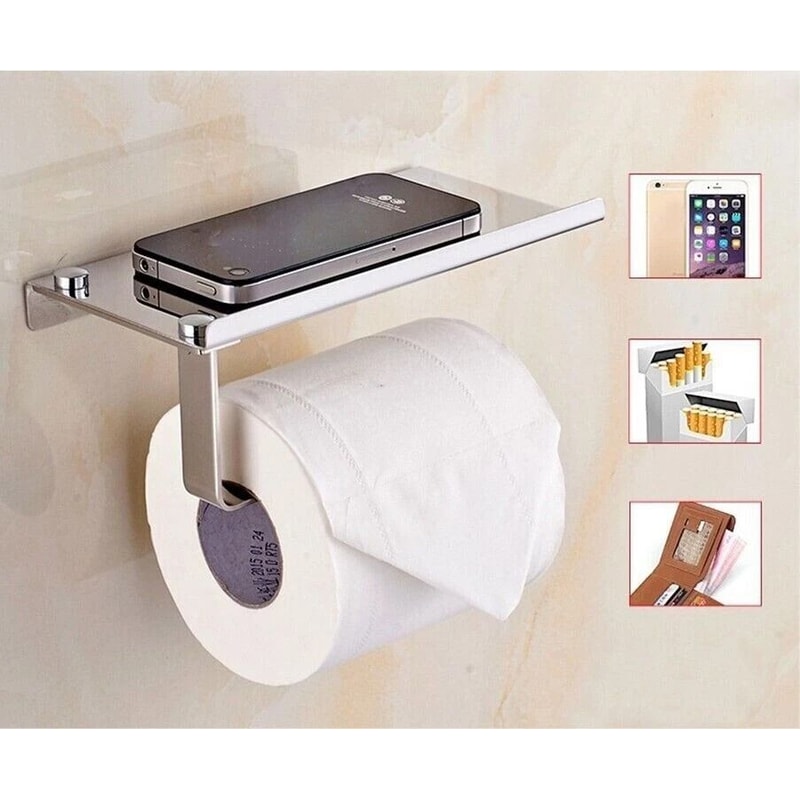 WallMounted Toilet Paper Holder With Mobile Phone Storage Shelf SpaceSaving Bathroom Organizer 9