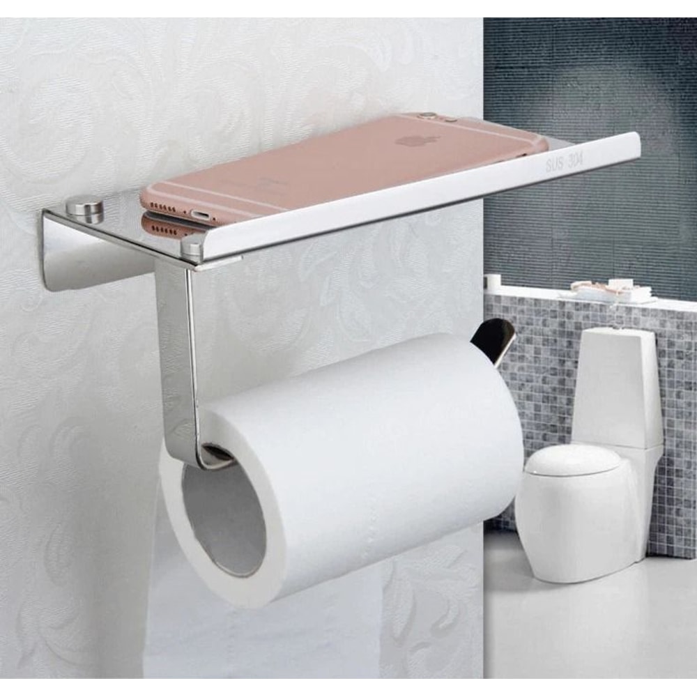 WallMounted Toilet Paper Holder With Mobile Phone Storage Shelf SpaceSaving Bathroom Organizer 5