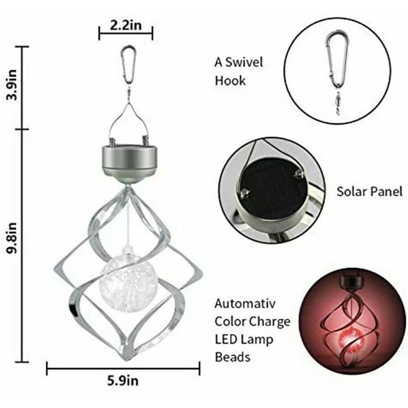 Solar Powered Wind Chimes LED Spiral Spinner Lamp Colour Changing Hanging Light For Outdoor Decor 2