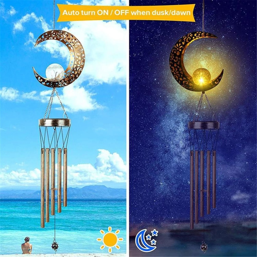Solar LED Wind Chimes With Crackle Glass Ball Moon Outdoor Solar Lamp For Garden Decor 3