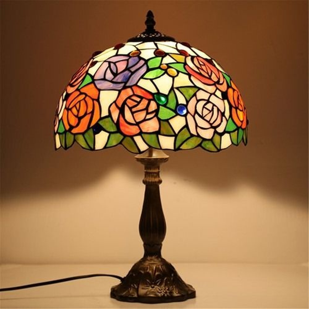 Rose Flower Tiffany Stained Glass Table Lamp Vintage Desk Light For Home Decor 0